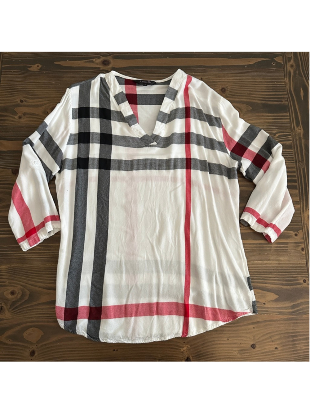 Women's Amaryllis Red White Plaid Tunic Top Cotton V-Neck L